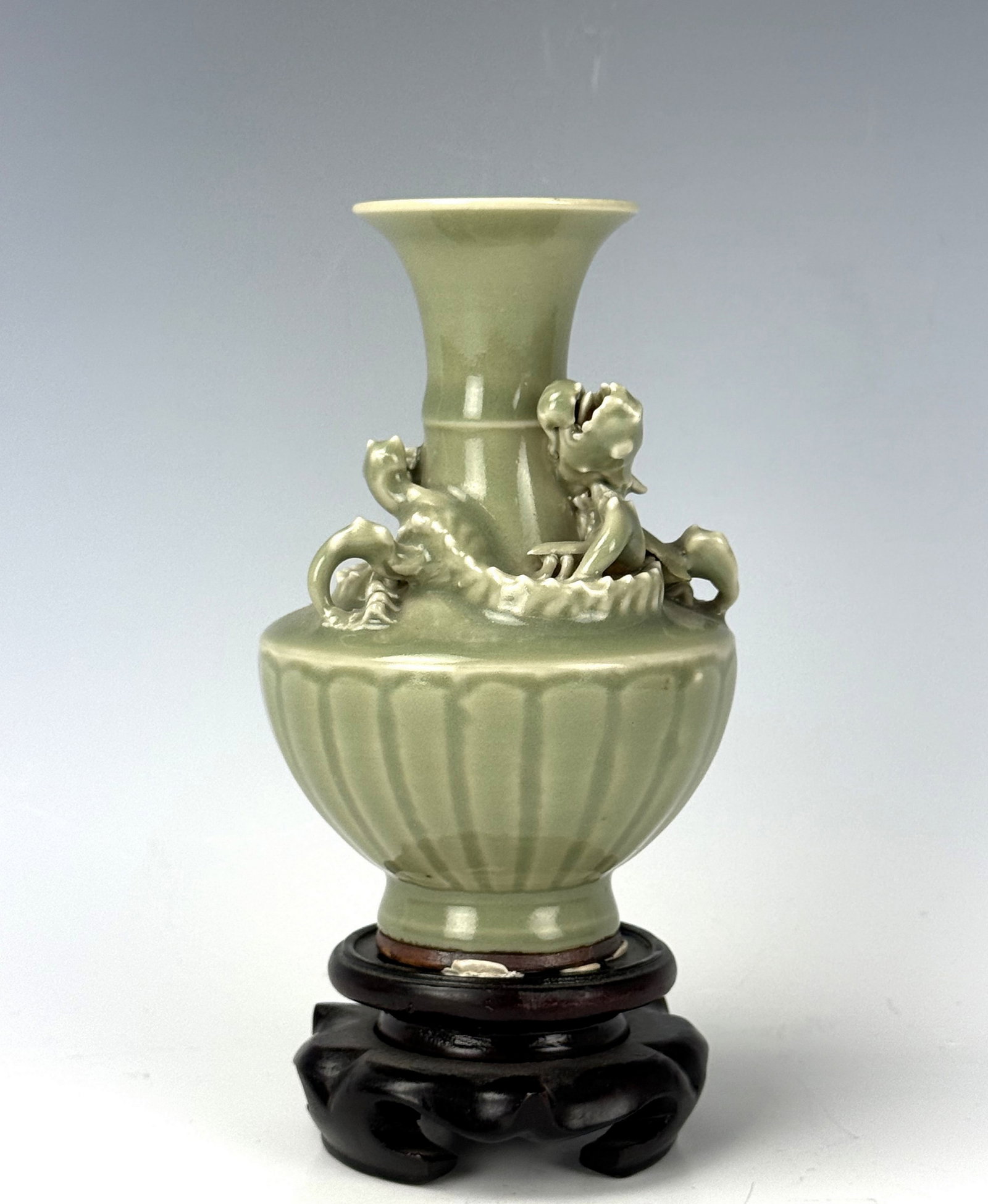 Chinese Celadon Porcelain Vase With Sculpted Dragon Wrapped Around Neck