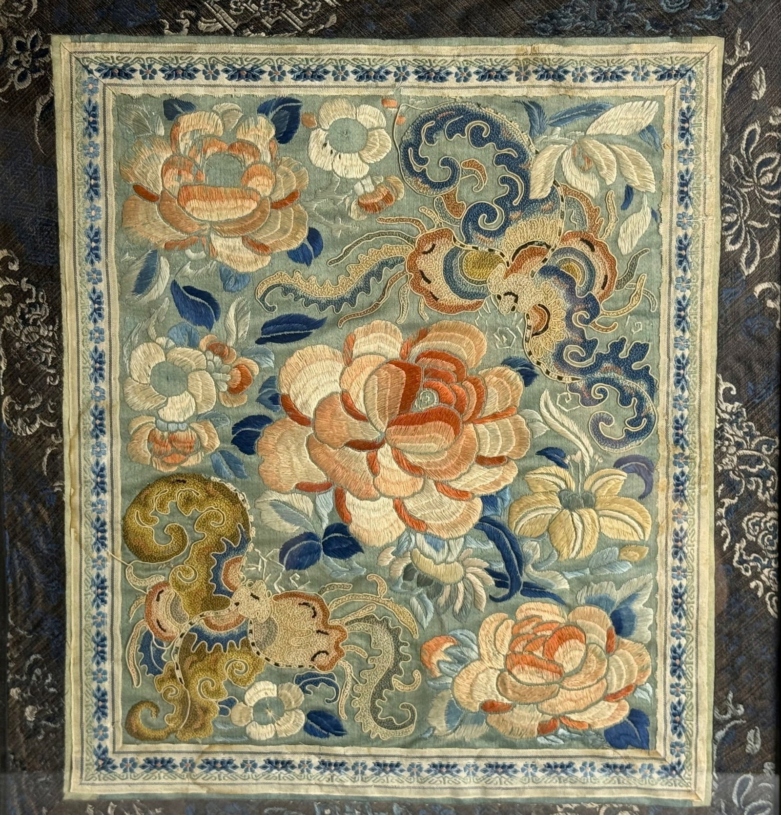 An Antique Chinese Embroidery Panel Featuring Peonies and Butterflies (1 of 3)