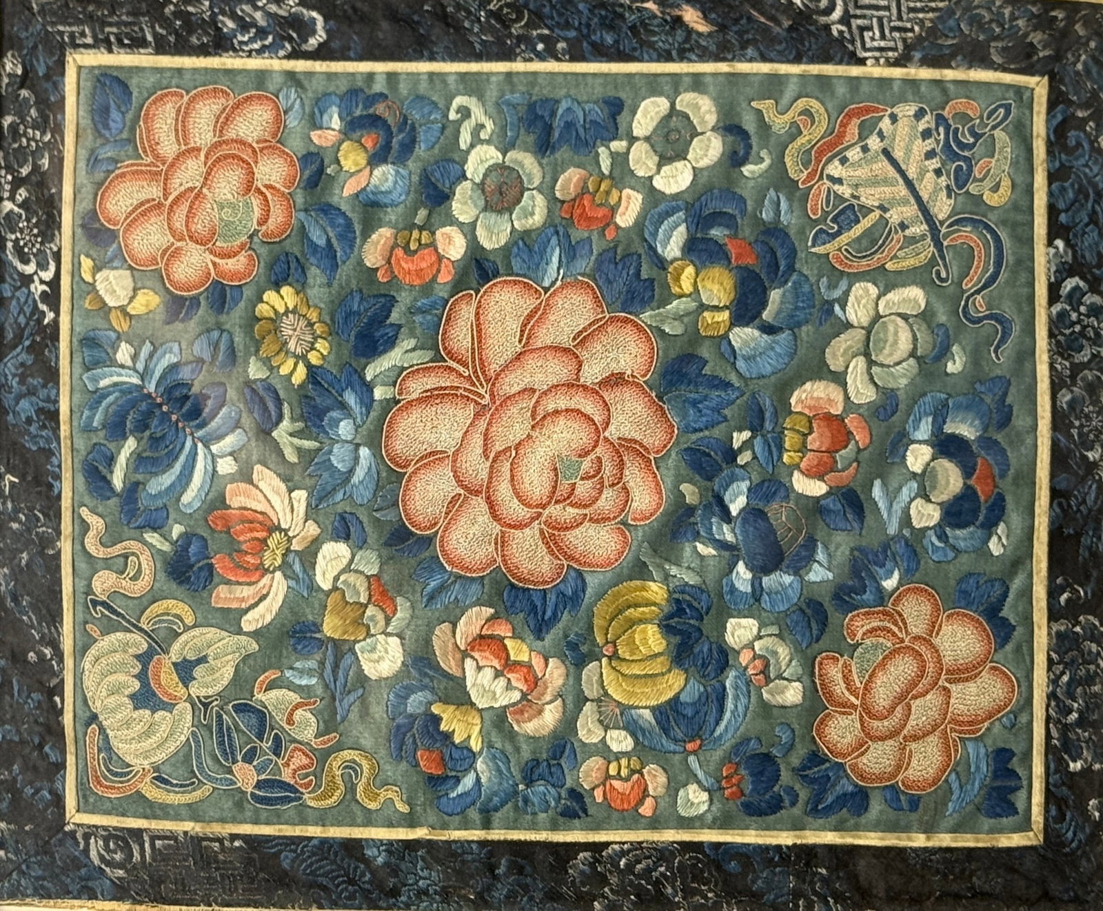 An Antique Chinese Embroidery Panel Featuring Peonies (1 of 3)