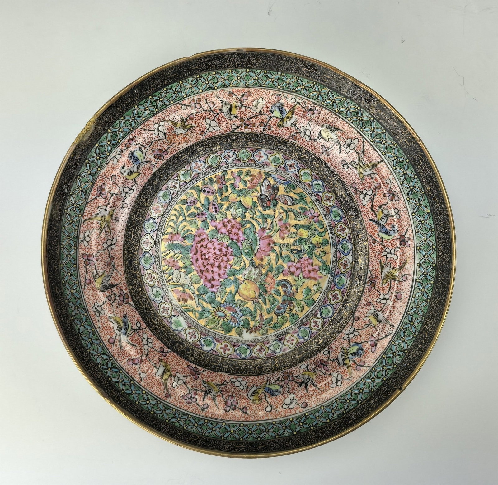 Chinese Famille Rose Porcelain Plate with Peony Birds and Butterfly Motifs: Famille Rose Porcelain Plate with Peony Birds and Butterfly Motifs. D 26.5 cm(10.4 in.) x H 4.5 cm(1.8 in.). Preview from Aug 24th to 28th from 1:00 PM TO 5:00 PM Eastern Time, Location: 15229 Display