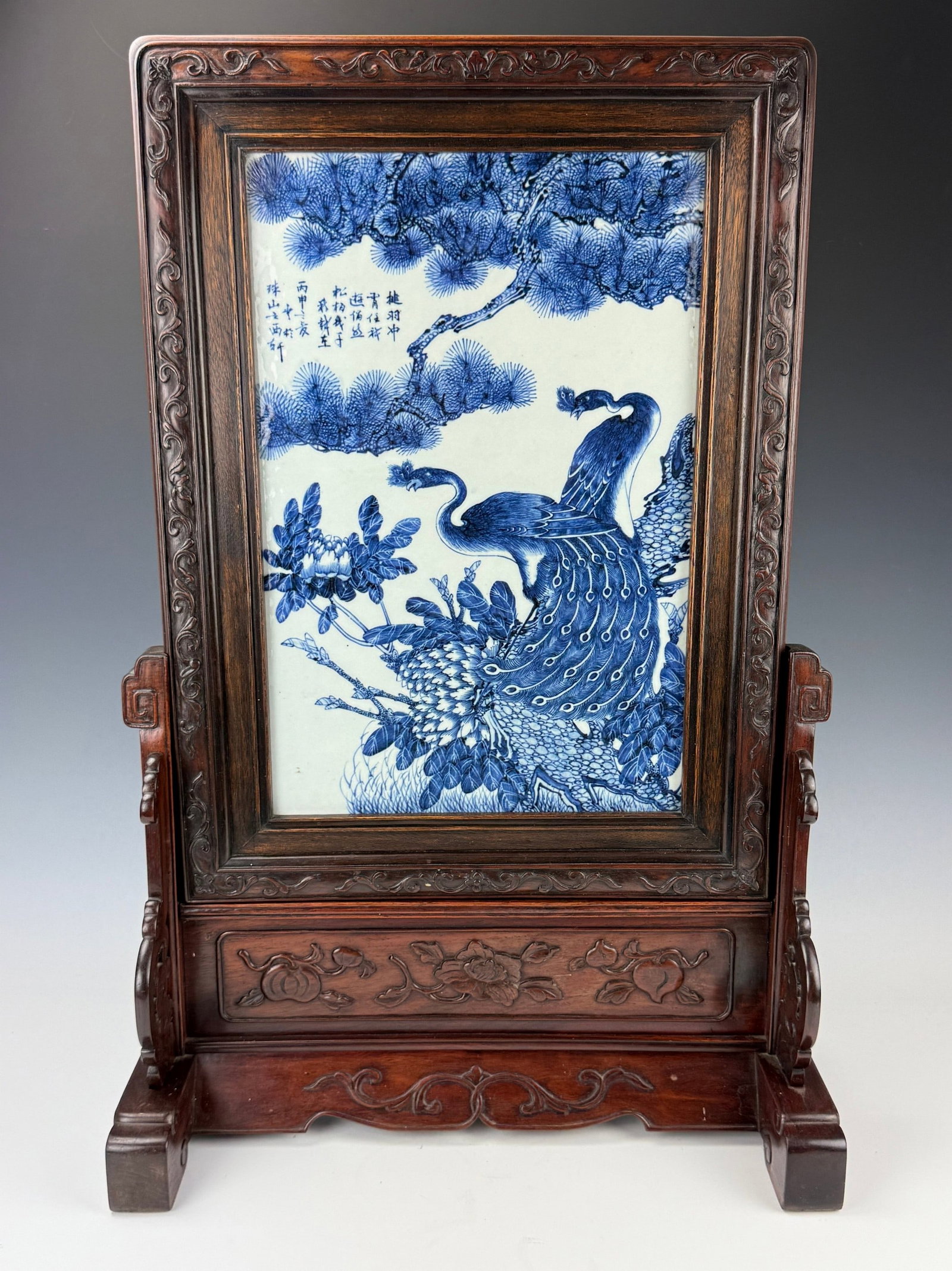Chinese Blue and White Porcelain Plaque in Carved Wooden Stand (1 of 6)
