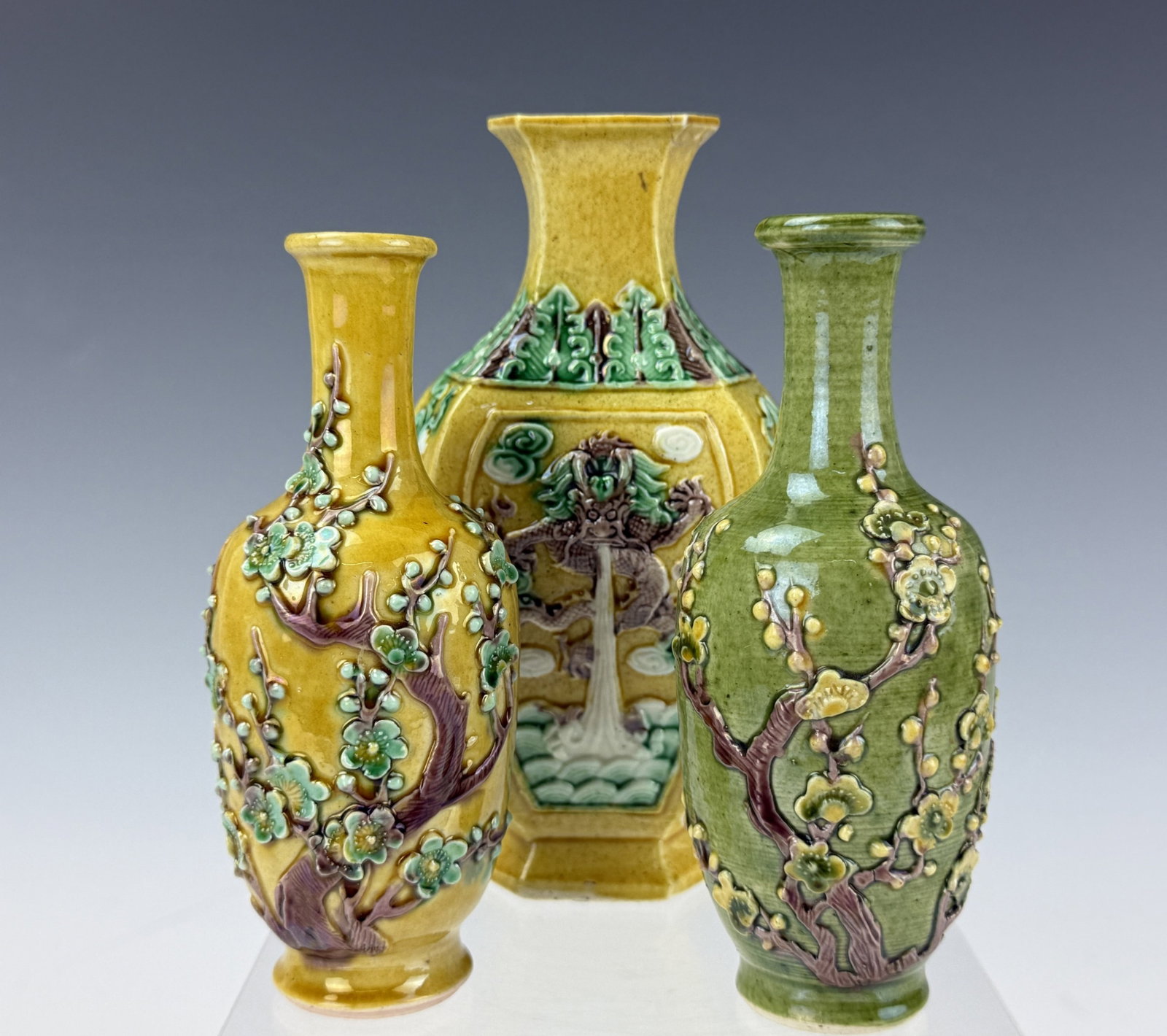 Group of 3 Relief Decorated Ceramic Vases with Floral and Dragon (1 of 14)