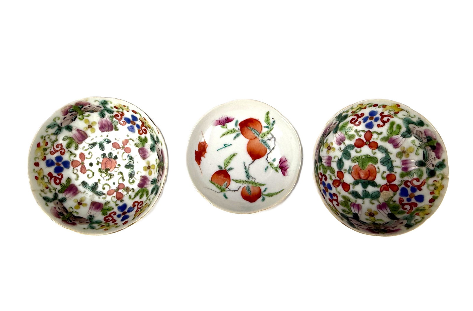 Group of 3 Antique Chinese Famille Rose Porcelain Saucers: Group of 3 Antique Chinese Famille Rose Porcelain Saucersl. D 7.3 cm(2.9 in.) to 8.6 cm(3.4 in.). Preview from Aug 24th to 28th from 1:00 PM TO 5:00 PM Eastern Time, Location: 15229 Display Court, Roc