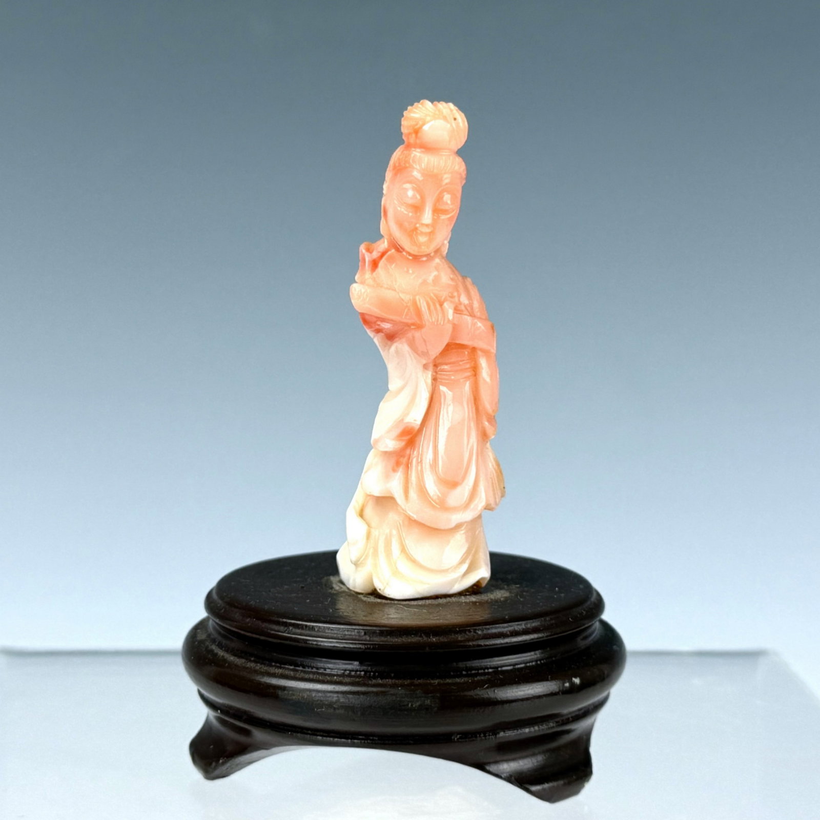 Vintage Carved Coral Scholar Figure on Hardwood Stand