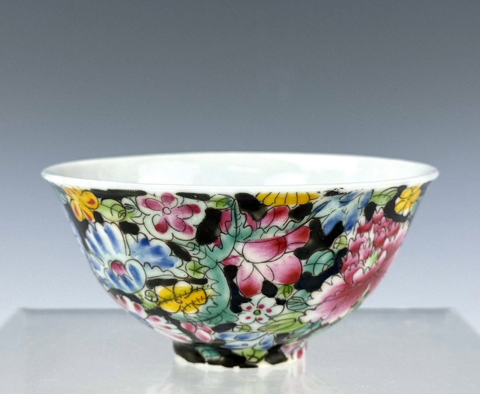 Chinese Famille Rose Porcelain Bowl Guangxu Mark: Guangxu marked Famille Noire Porcelain Bowl with Dense Floral Decoration. D 9.1 cm(3.6 in.) x H 4.3 cm(1.7 in.). Preview from Aug 24th to 28th from 1:00 PM TO 5:00 PM Eastern Time, Location: 15229 Dis