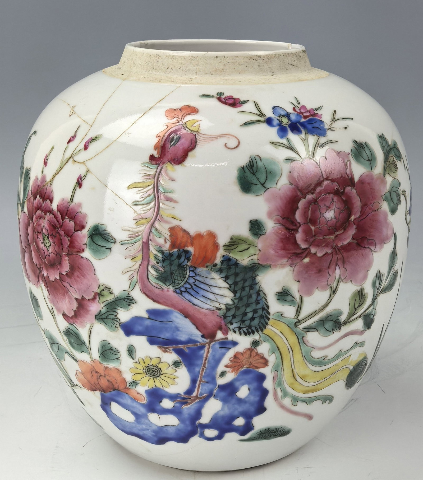 Chinese Famille Rose Porcelain Jar Painted Flowers: Chinese Famille Rose Porcelain Jar Painted Flowers.H 16 cm(6.3in.), with long crack hairline, sold as is. Preview from Aug 24th to 28th from 1:00 PM TO 5:00 PM Eastern Time, Location: 15229 Display Co