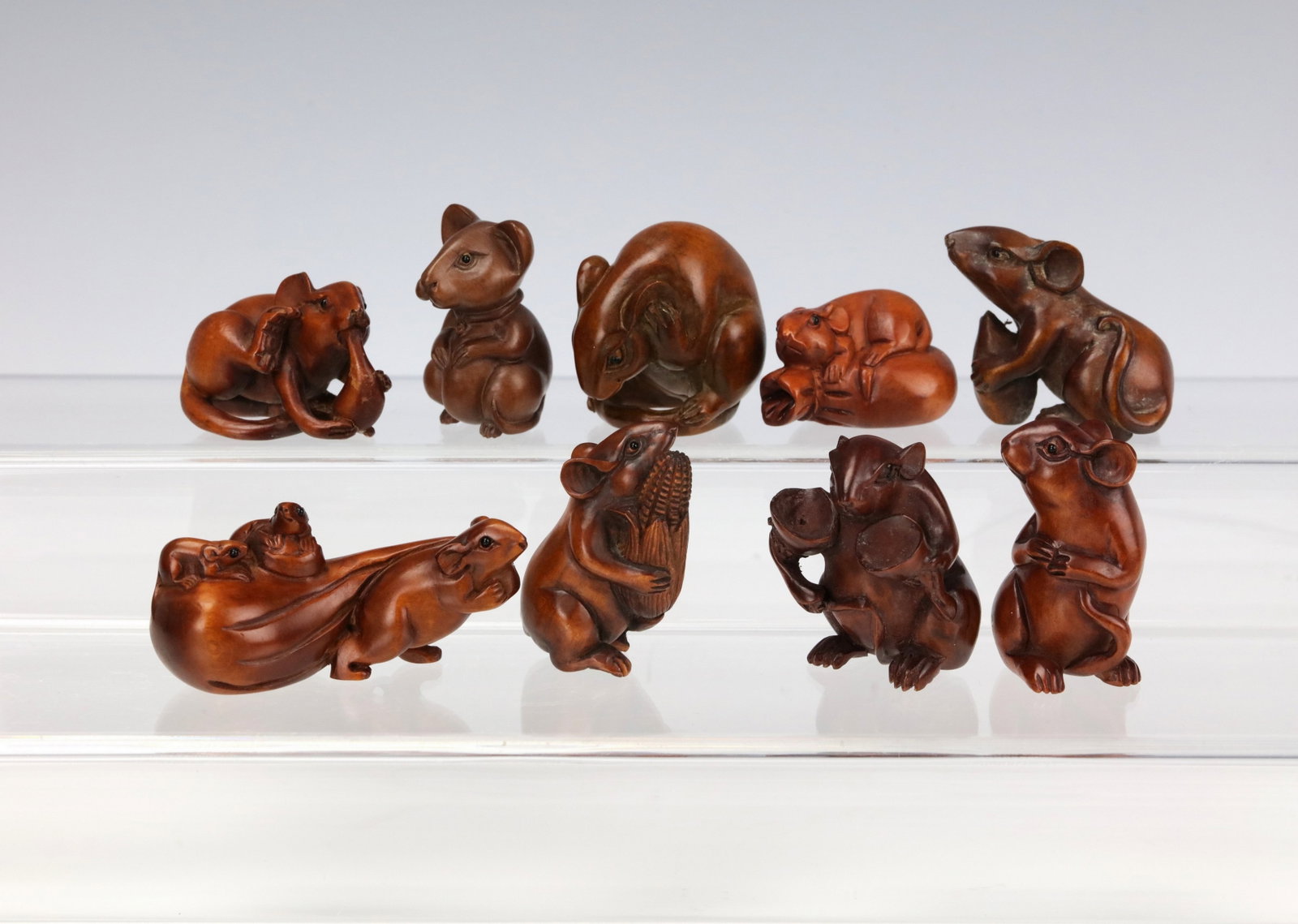Group of 9 Carved Wooden Mouse Figurines Netsuke Style Collection (1 of 6)
