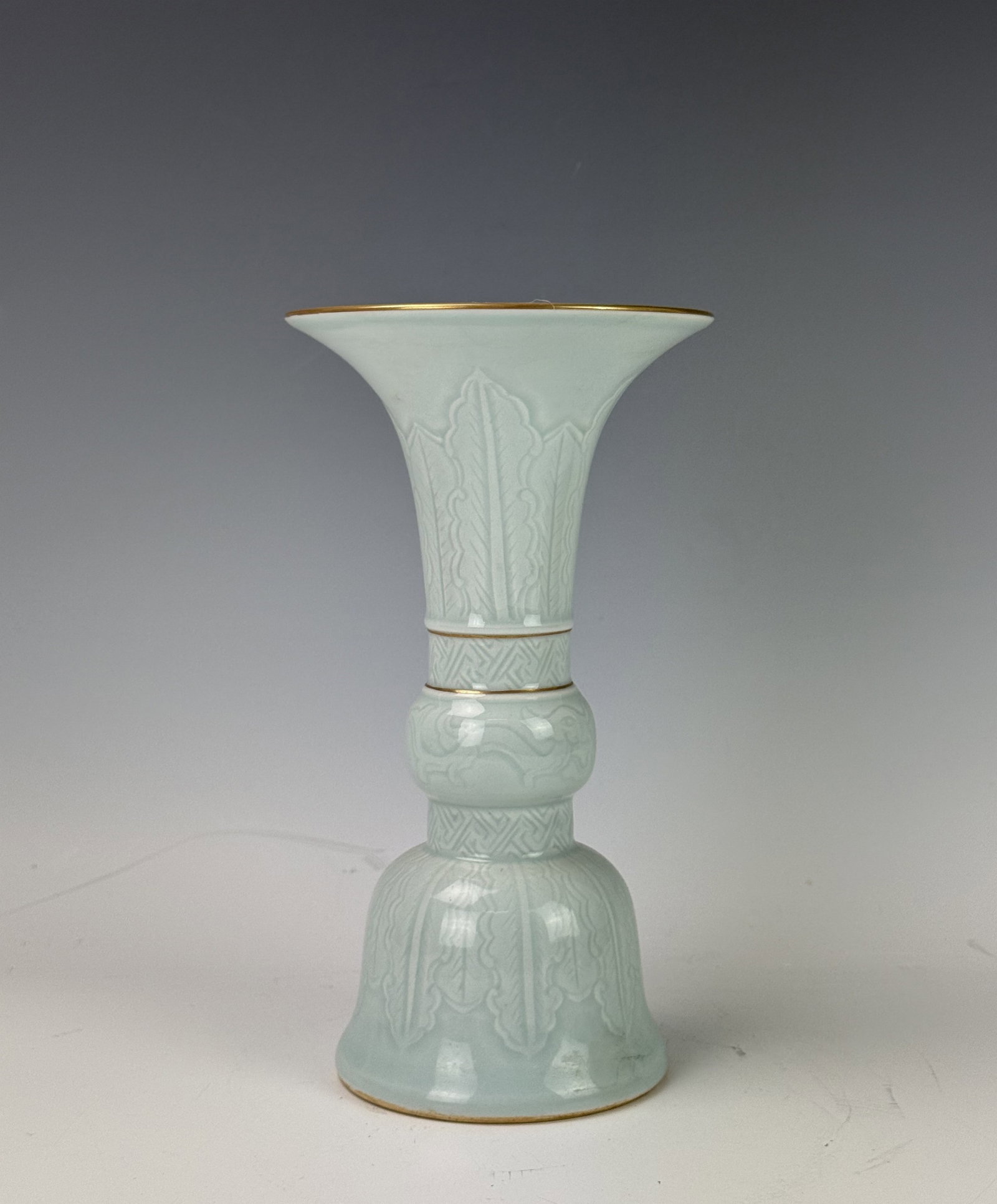 Chinese Green Celadon Relief Decorated Gu Vase Qianlong Mark