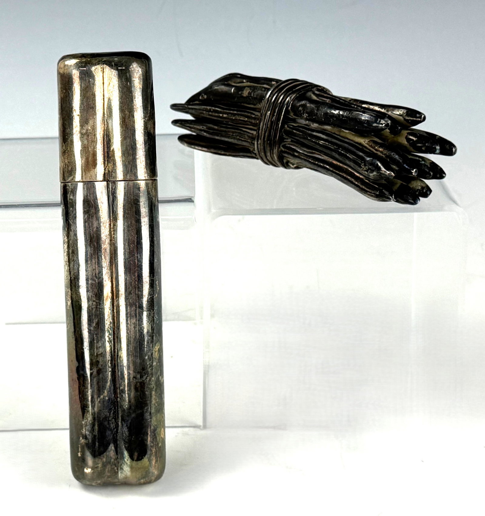 A Silver Plated Bronze Vegetable Sculpture and Dual Cigar Tube: A Silver Plated Bronze Vegetable Sculpture, L 13 cm(5.1 in.);Vintage Coltron Silver-Plated Dual Cigar Tube,L 17 cm(6.7 in.). Preview from Aug 24th to 28th from 1:00 PM TO 5:00 PM Eastern Time, Locatio