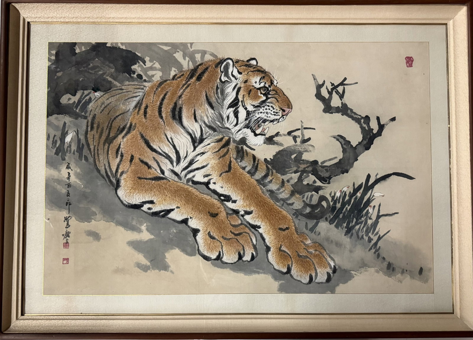 Seo JungMook (1920-1993) Tiger: Framed Korean Nodang Seo JungMook ?? ???,Ink and color on paper, Painting of Resting Tiger with Calligraphy and Seals. W 107 cm (42 in.) x H 71 cm (28 in.), Frame: W 128 cm(50.5 in.) x H 92 cm(36 in.)
