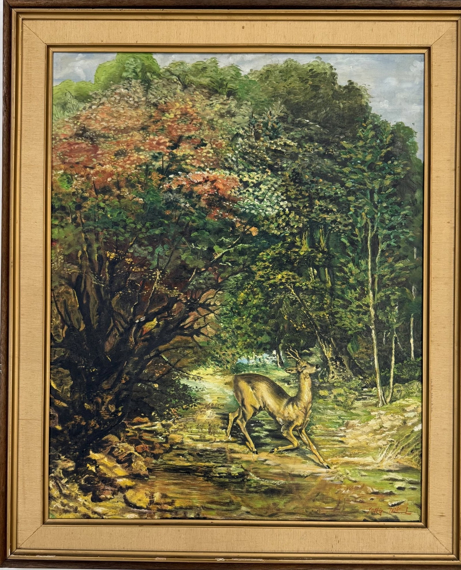 Gustave Courbet School Oil Painting on CavasSigned Rong Taik L: Gustave Courbet School ,The Hunted Roe-Deer on the Alert, Spring. H 92 cm(36 in.) x W 74 cm(29 in.), Frame: H 106 cm(41.7 in.) x W 88 cm(34.7 in.). Preview from Aug 24th to 28th from 1:00 PM TO 5:00 P