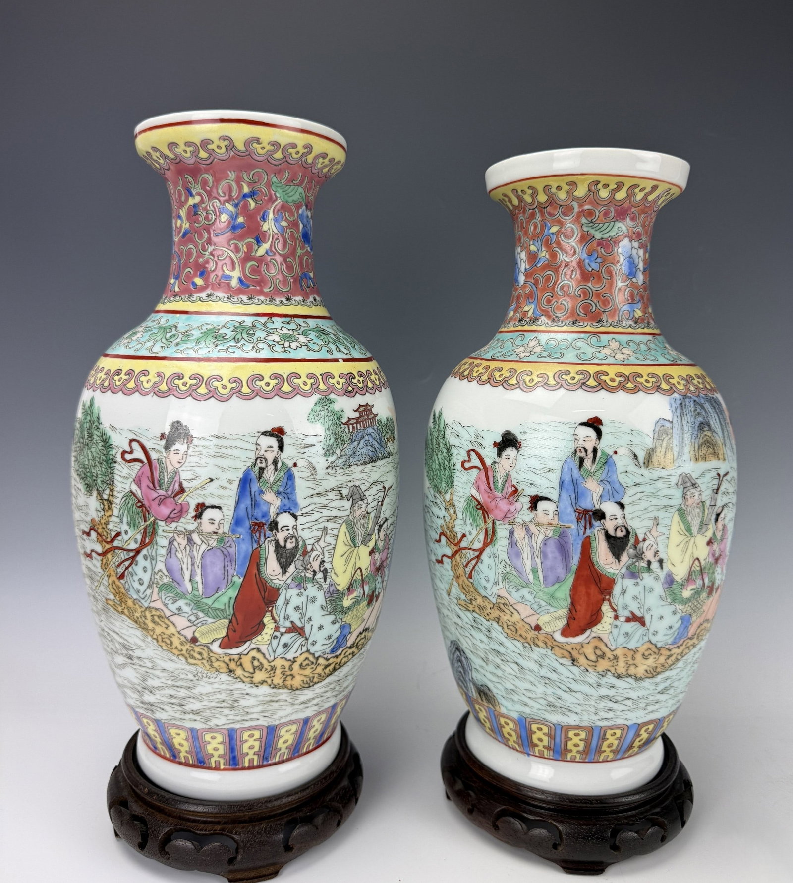 Pair of Chinese Famille Rose Porcelain Eight Immortals Vases 20th Century: A Pair of Chinese Famille Rose Porcelain Eight Immortals Vases 20th Century. H 31.5 cm(12.4 in.). Preview from Aug 24th to 28th from 1:00 PM TO 5:00 PM Eastern Time, Location: 15229 Display Court, Roc