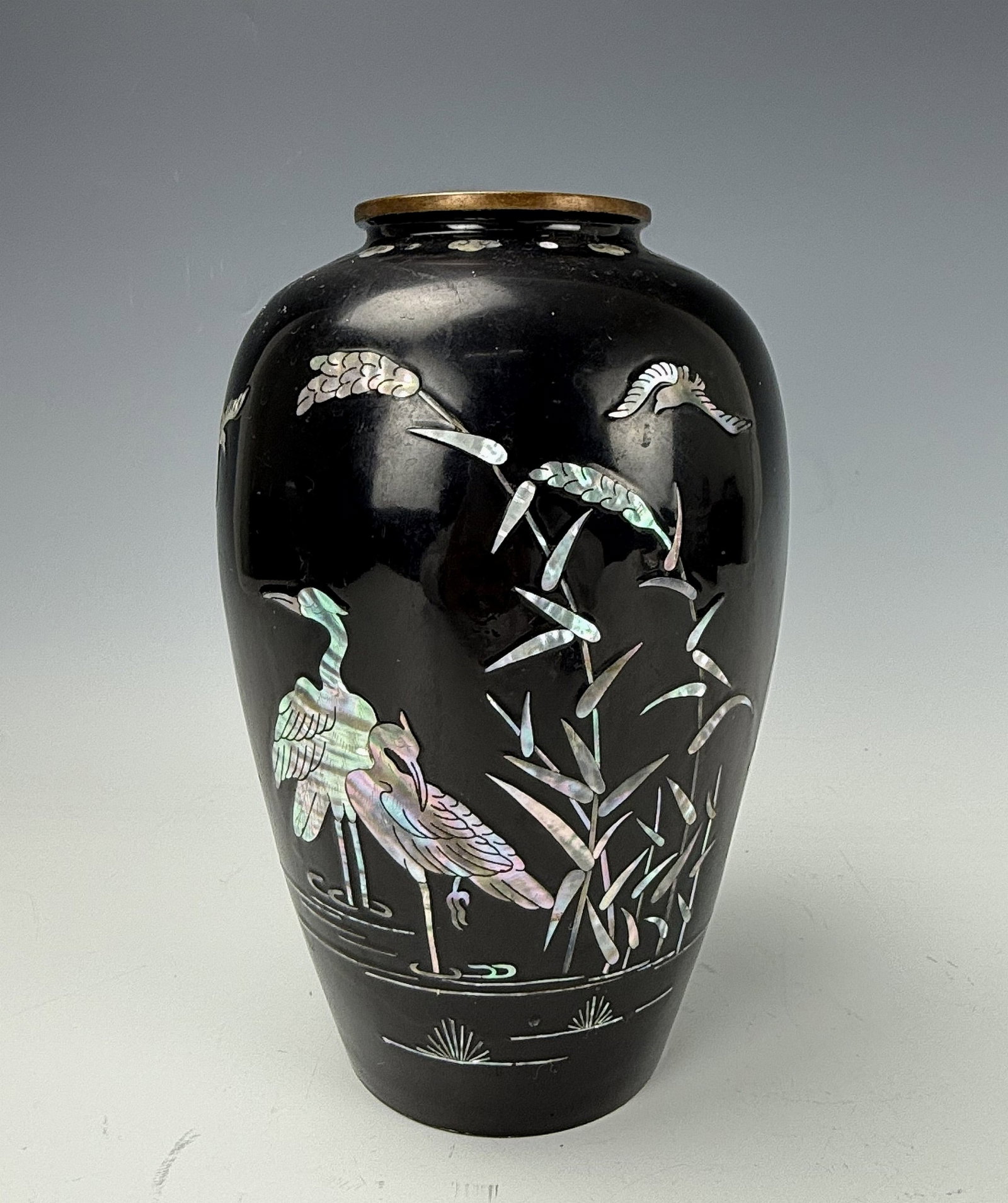 Japanese Inlaid Enamel Mother of Pearl Brass Vase
