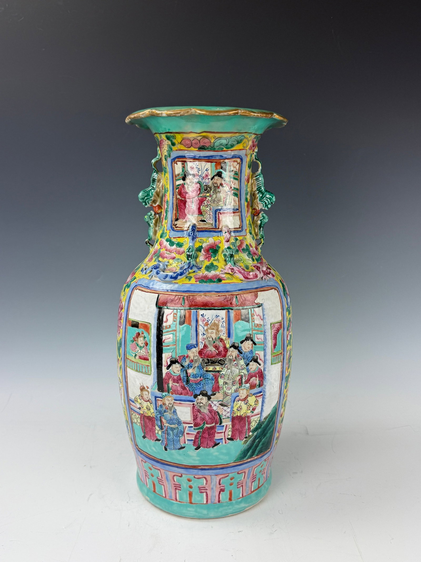 Large Chinese Famille Rose Porcelain Vase: Chinese famille?rose porcelain floor vase with figural court scenes and dragon handles. H 46 cm(18 in.),there are some hairline on it,sold as is. Preview from Aug 24th to 28th from 1:00 PM TO 5:00 PM 