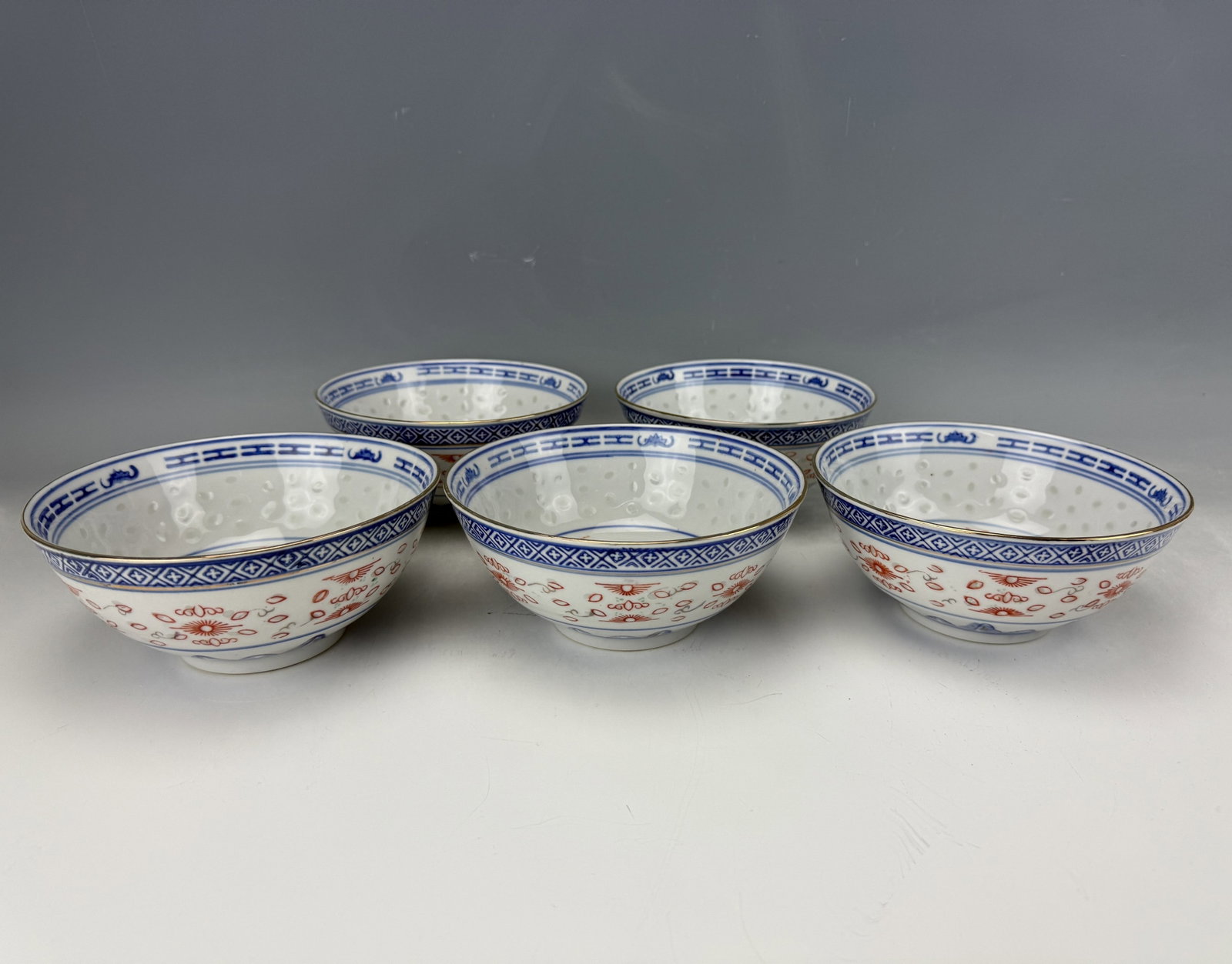 Group of 5 Chinese Jingdezhen Blue and White Bowls: Group of 5 Chinese Jingdezhen Blue and White Bowls, D 15 cm(6 in.) x H 7.5 cm(3 in.) x5. Preview from Aug 24th to 28th from 1:00 PM TO 5:00 PM Eastern Time, Location: 15229 Display Court, Rockville, M
