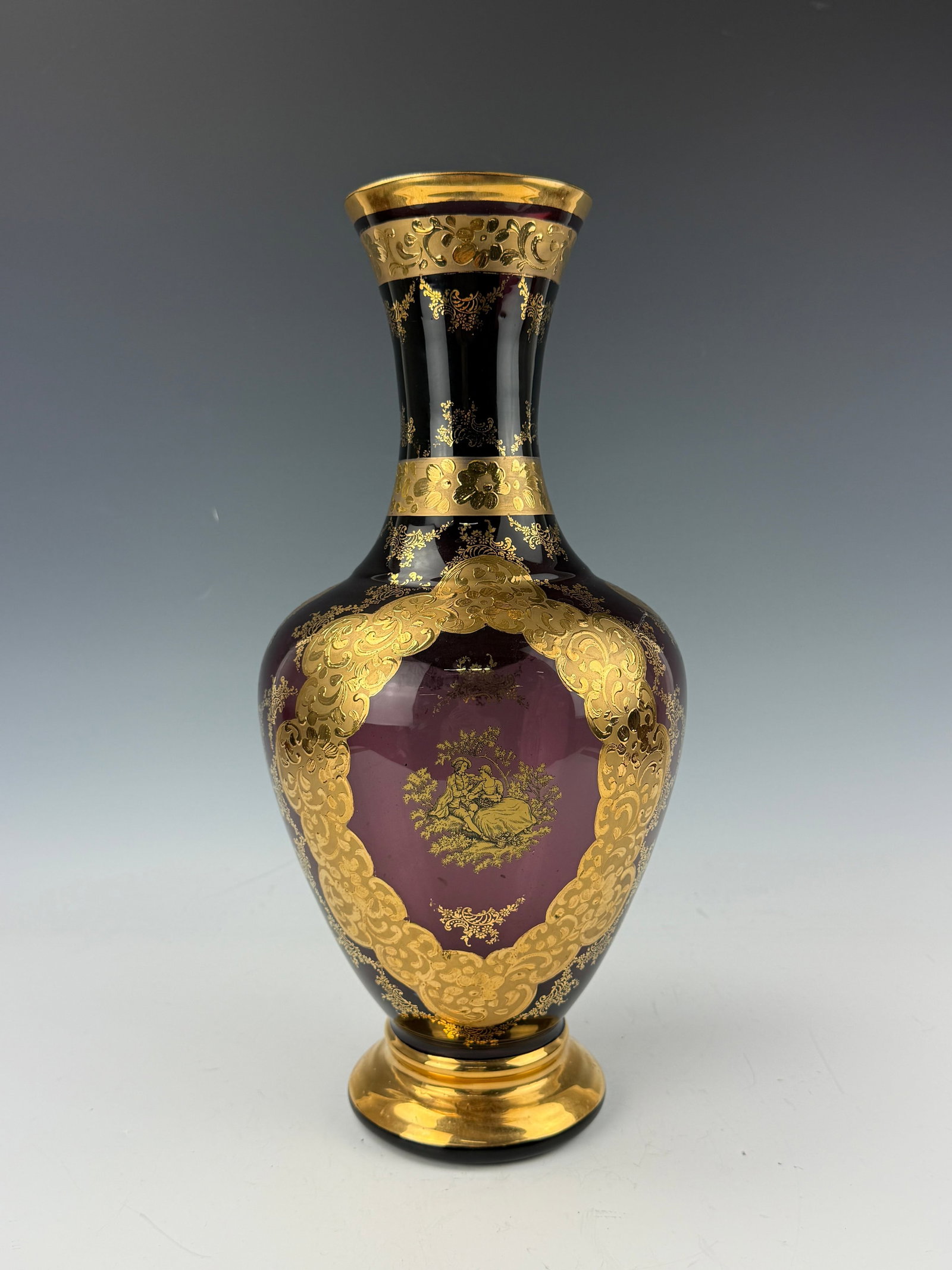 Gilt Decorated Purple Glass Vase with Classical Figural Medallion: Gilt Decorated Purple Glass Vase with Classical Figural Medallion. H 42.6 cm(16.8 in.). Preview from Aug 24th to 28th from 1:00 PM TO 5:00 PM Eastern Time, Location: 15229 Display Court, Rockville, MD
