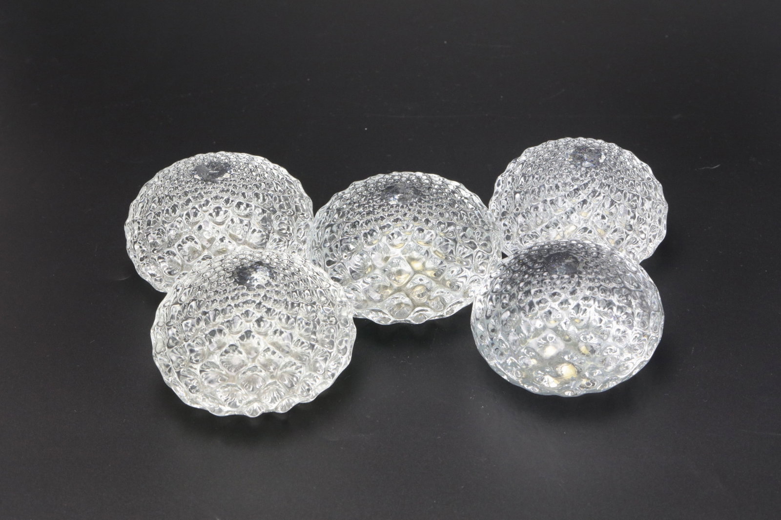 Set of 5 Pressed Glass Dome Shade with Floral Bubble Pattern: Set of 5 Pressed Glass Dome Shade with Floral Bubble Pattern. D 9 cm(3.5 in.) x H 5 cm(2 in.). Preview from Aug 24th to 28th from 1:00 PM TO 5:00 PM Eastern Time, Location: 15229 Display Court, Rockvi