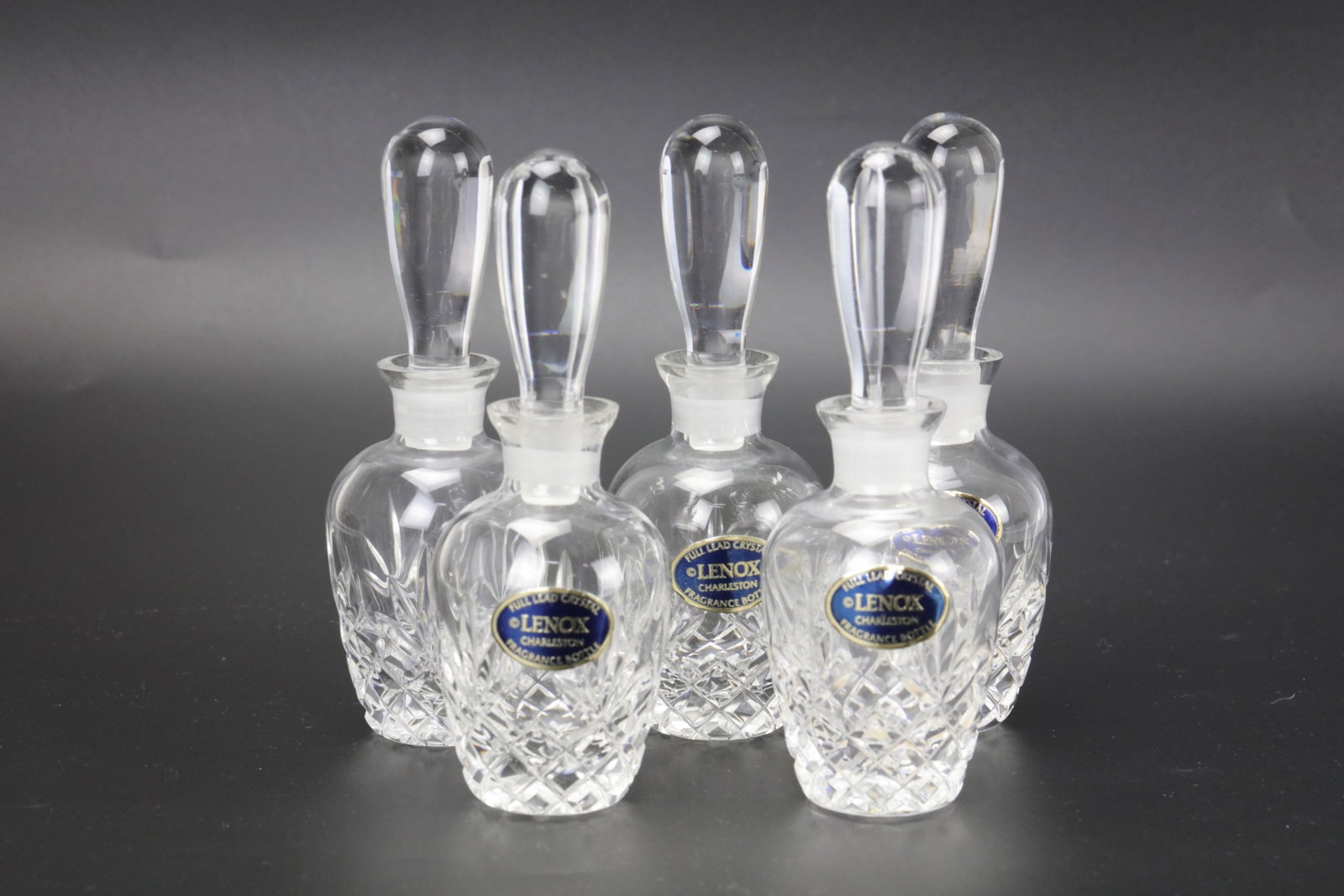 Set of 5 Lenox Charleston Full Lead Crystal Perfume Bottle with Stopper: Set of 5 Lenox Charleston Full Lead Crystal Perfume Bottle with Stopper. H 12 cm(4.7 in.).?Preview from Aug 24th to 28th from 1:00 PM TO 5:00 PM Eastern Time, Location: 15229 Display Court, Rockville,