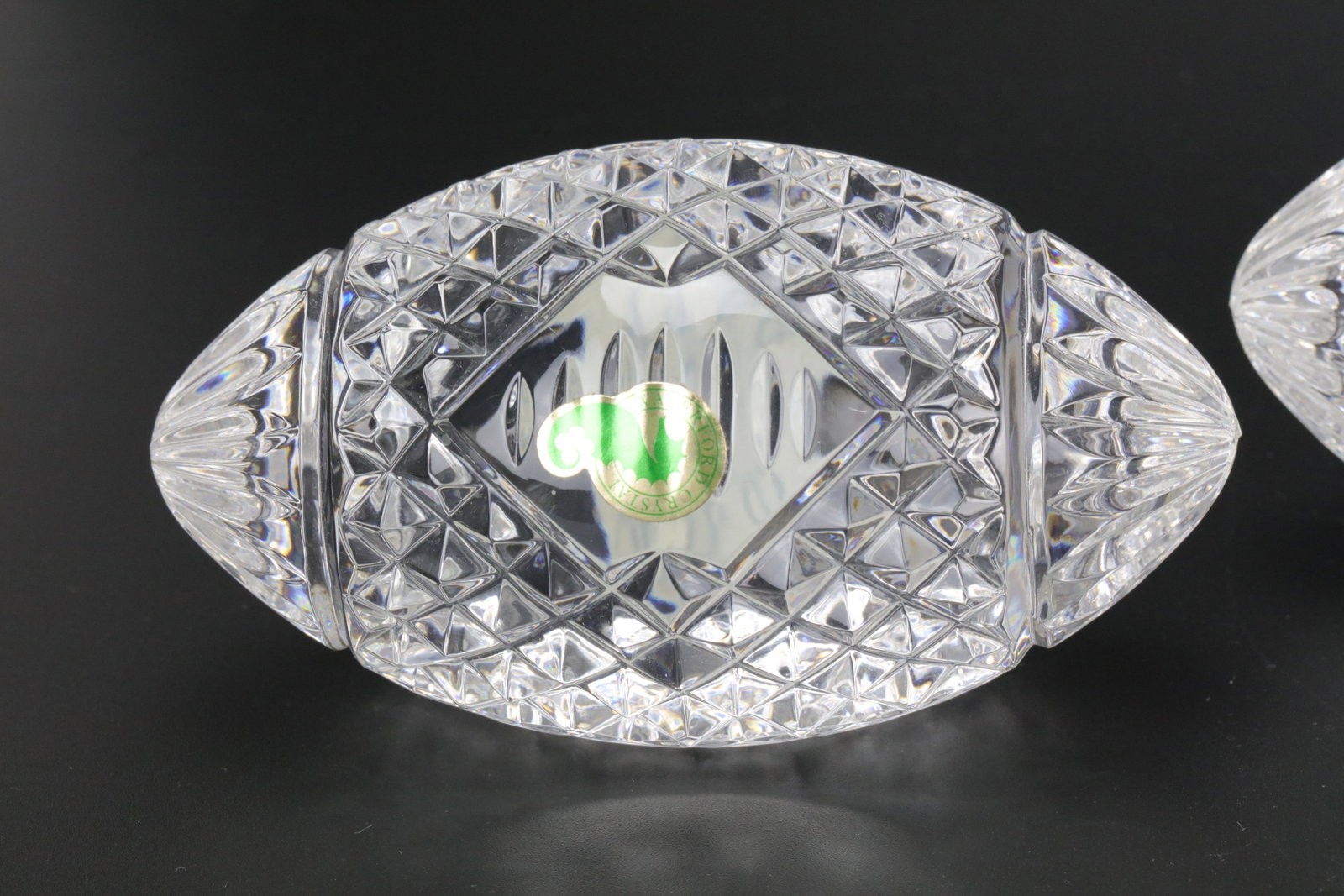 Pair of Waterford Cut Crystal Oval Ornaments: Pair of Waterford Cut Crystal Oval Ornaments. L 12.5 cm(5 in.) x H 6 cm(2.4 in.). ?Preview from Aug 24th to 28th from 1:00 PM TO 5:00 PM Eastern Time, Location: 15229 Display Court, Rockville, MD 2085