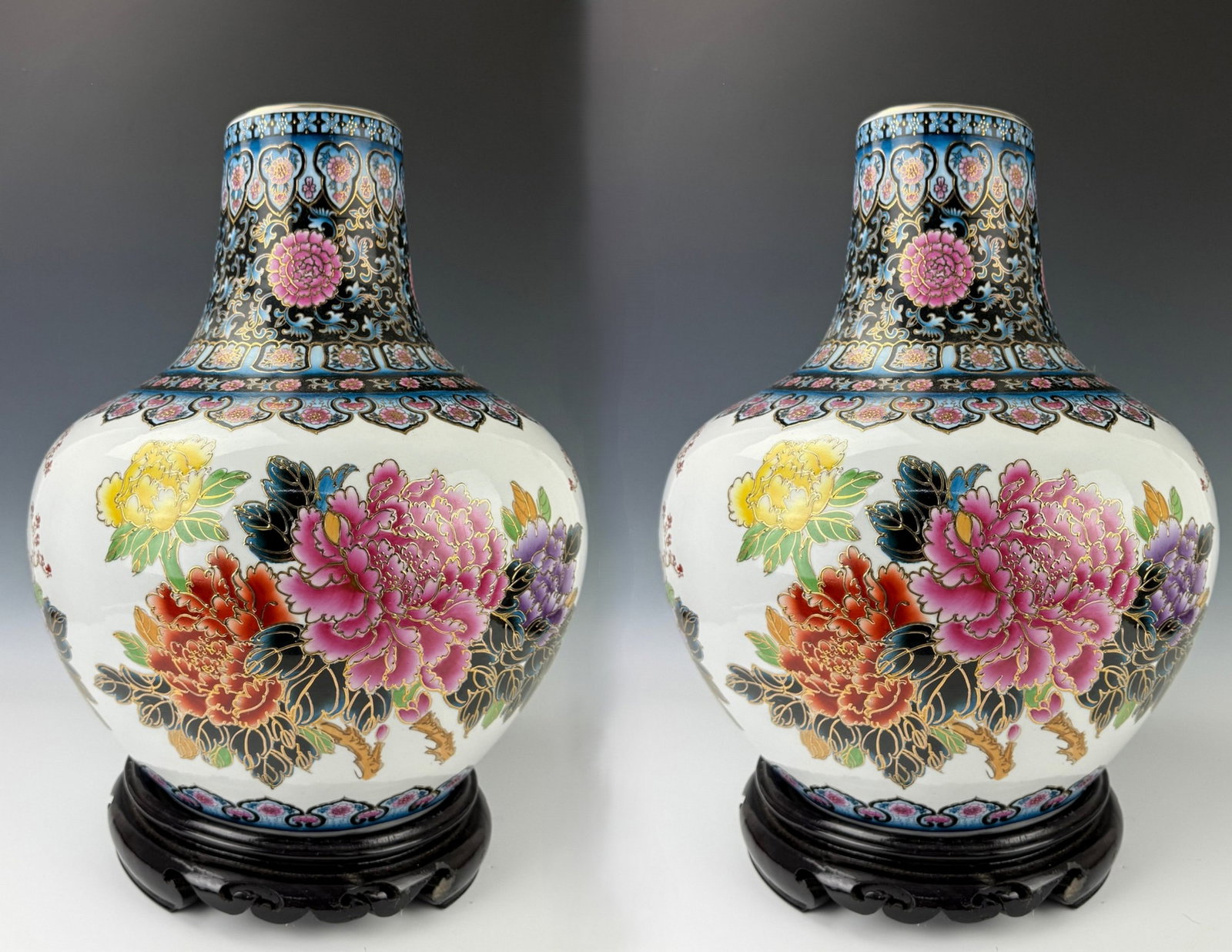 Pair of Chinese Chaozhou Famille Rose Porcelain Peony Vases: Pair of Chinese Chaozhou Famille Rose Porcelain Peony Vases,Chaocai Mark,with wood Carved Stands, H 51 cm (20 in.) x 2. Preview from Oct. 19th to 23rd from 1:00 PM TO 5:00 PM Eastern Time, Location: 1