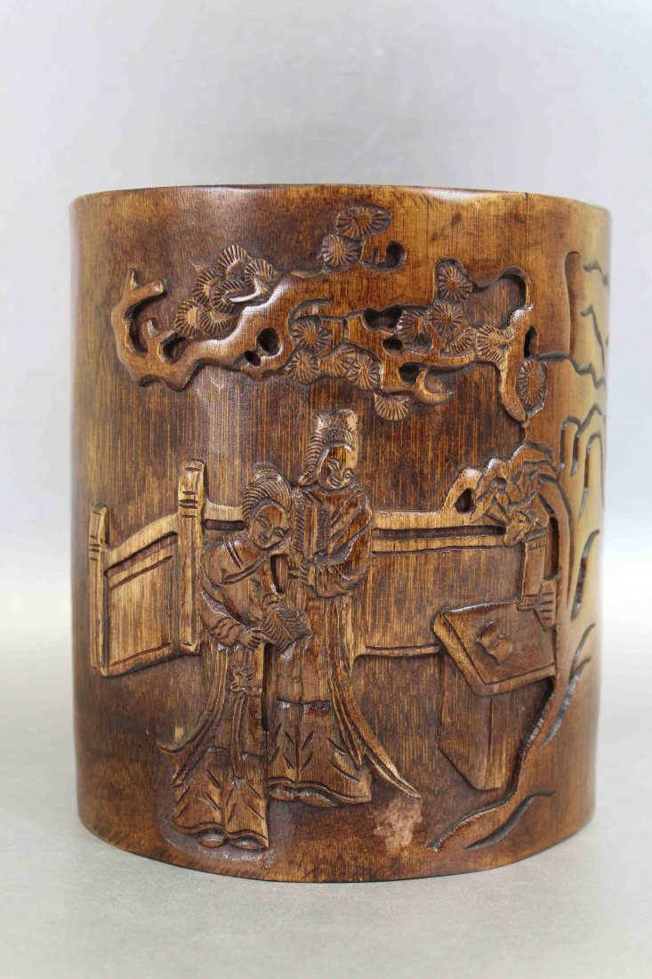 Antique Bamboo Carved lady-Shi Nv Pen Holder: Antique Bamboo Carved lady-Shi Nv Pen Holder, H:6.7 W:6.1 INCHES