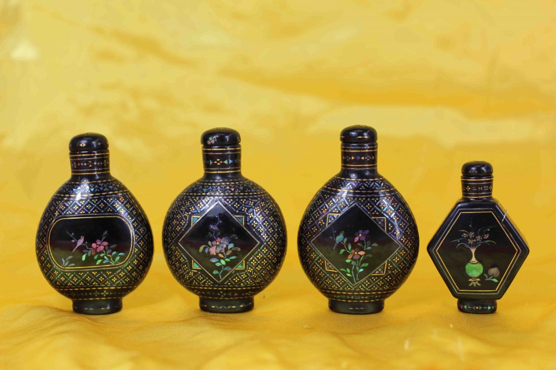 Four Chinese Black Mother Of Pearl Inlay Snuff Bottles (1 of 6)