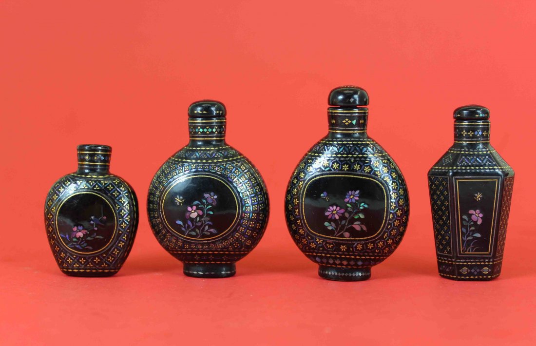 Four Chinese Black Mother Of Pearl Inlay Snuff Bottles (1 of 5)