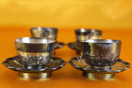 Eight Chinese Silver Flower Carved Cup,by Lao Qingyun: This lot has 4 set of cups,total eight pieces, Chinese Qing Dynasty Silver Flower Carved Cups,with Lao Qingyun mark;, 2.7''H x 1.6''W. (cup H 3.4cm x W 4.8 cm,plate H 1.5 cm x w 8 cm) General 70gram/E