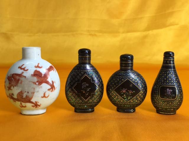 Four Chinese Snuff Bottles Black Lacquer Inlay (1 of 6)