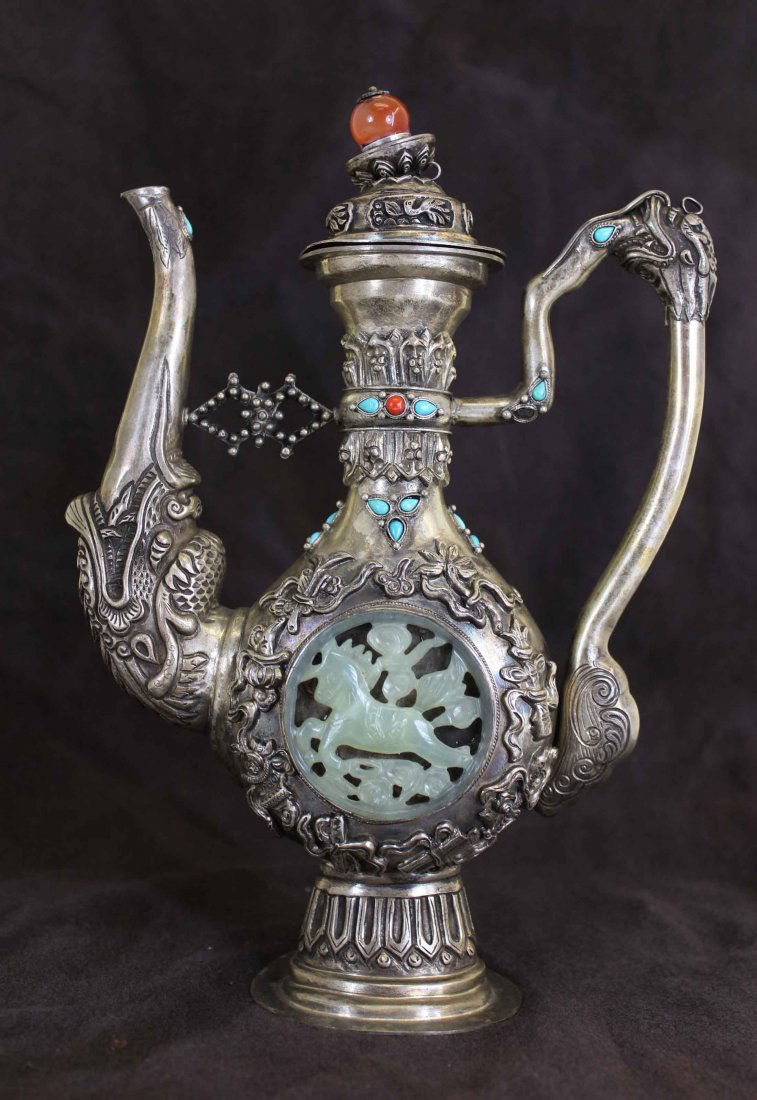 A Chinese Silver Pot Jade Inlay with Wen Yin Mark (1 of 6)