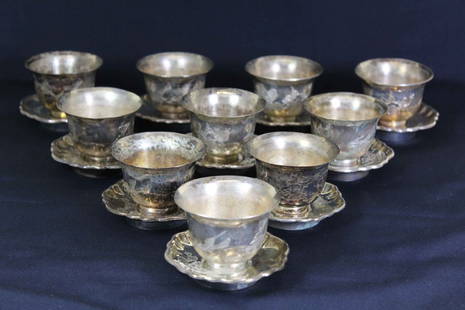 Ten Sets of Chinese Carved Flower Silver Cup And Plate: Ten Sets of Chinese Carved Flower Silver Cup And Plate By YangQing HeFaJi,杨庆和 Size: 7.3 H x 1.5 W cup, 5.8 H x 4.3 W CM.Weight:78 g/set,Total 780 g.