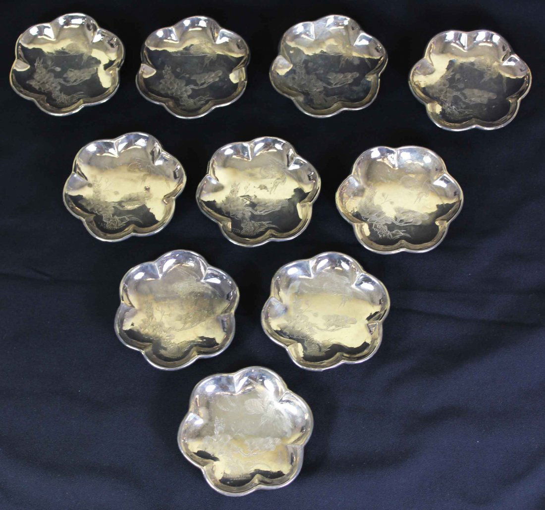 Ten Pieces Chinese Flower Carved Silver Plate (1 of 5)