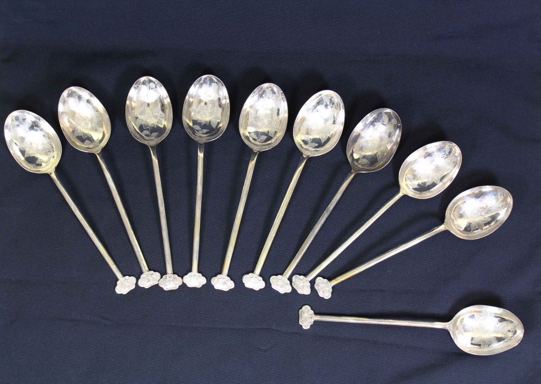 Ten Pieces Chinese Carved Silver Spoon, Huang Hongyuan (1 of 5)