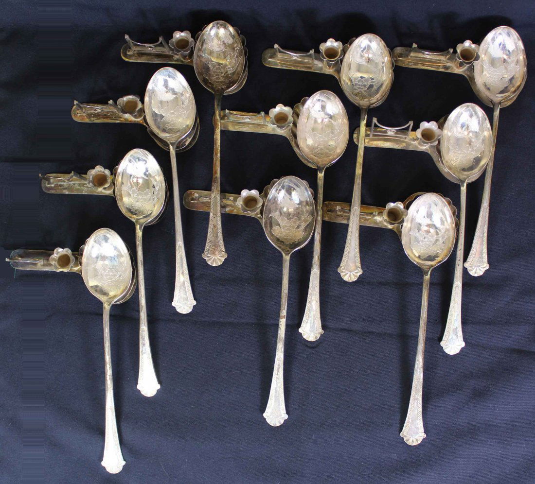 Ten Set Chinese Carved Silver Spoons w Shopstick Holder (1 of 10)