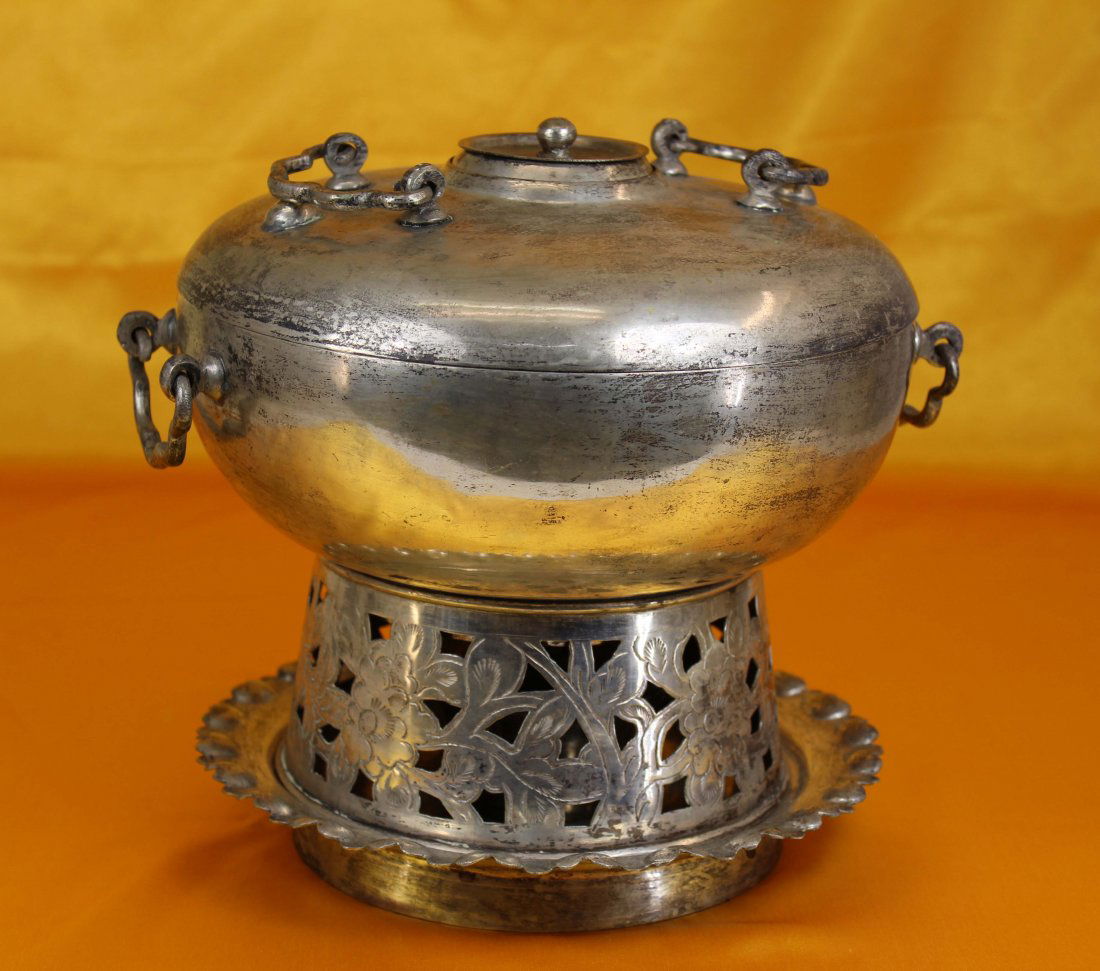 A Chinese Silver Carved Hotpot (1 of 8)