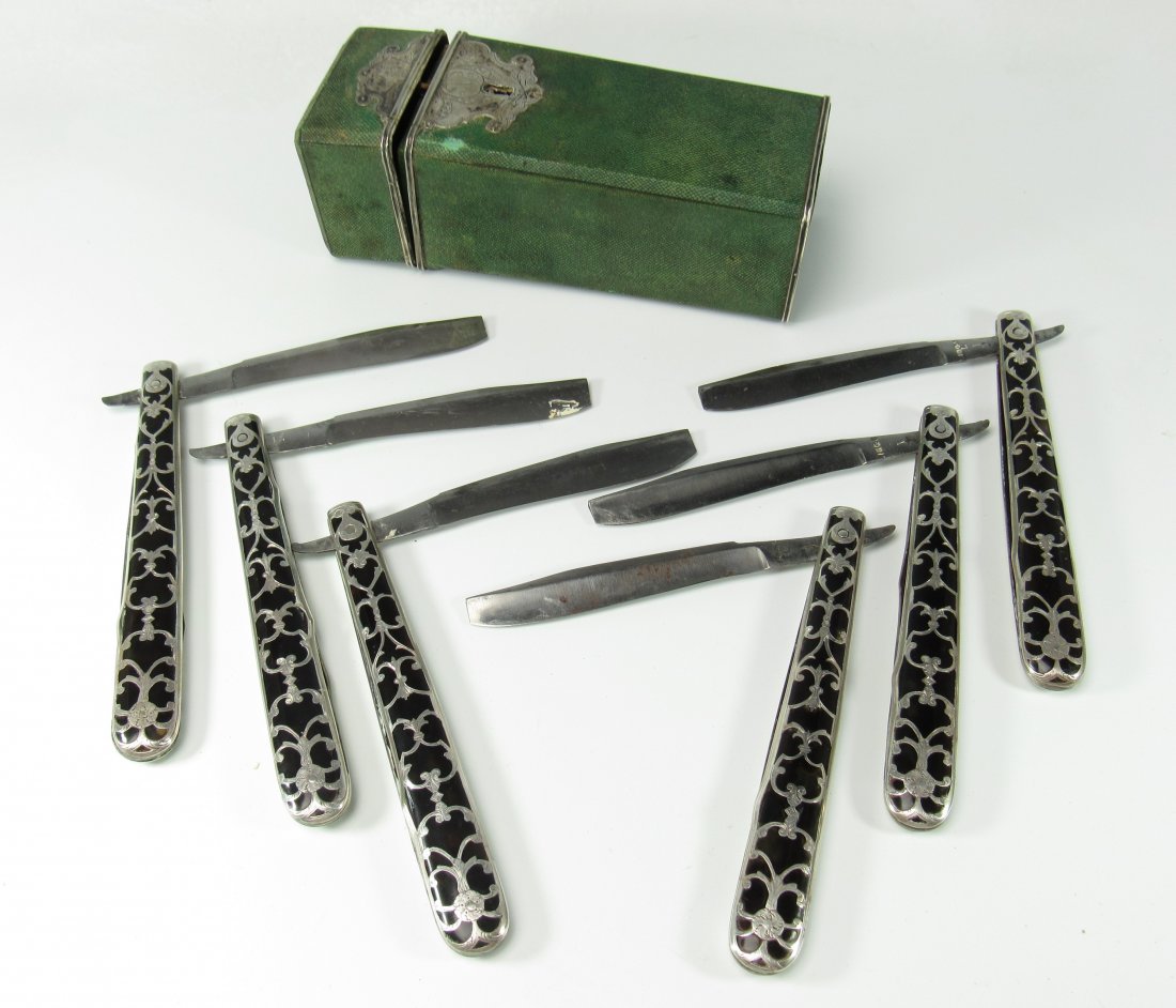 Six (6) Antique Enamel & Silver Straight Razors w/Box (1 of 9)