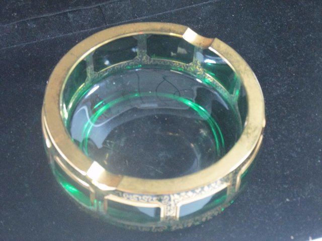 Vintage Bohemian Crystal Green Glass Ashtray with gold: Vintage Bohemian Crystal Green Glass Ashtray with gold trim 6 1/2"in Diameter by 2 1/2"in H