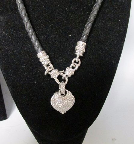 Judith Ripka Braided Leather Heart Necklace with: Judith Ripka Braided Leather Heart Necklace with Diamonds