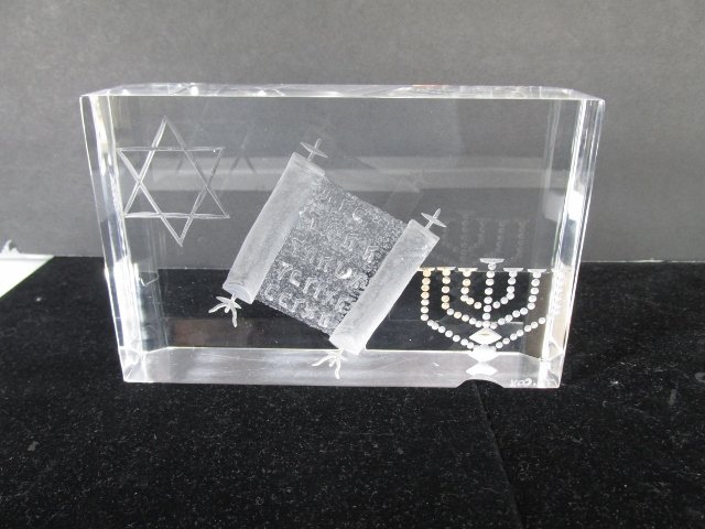 M. Cox Carved Lucite Jewish Block: M. Cox Carved Lucite Jewish Block 5 1/3"in W by 3.5"in L in good condition