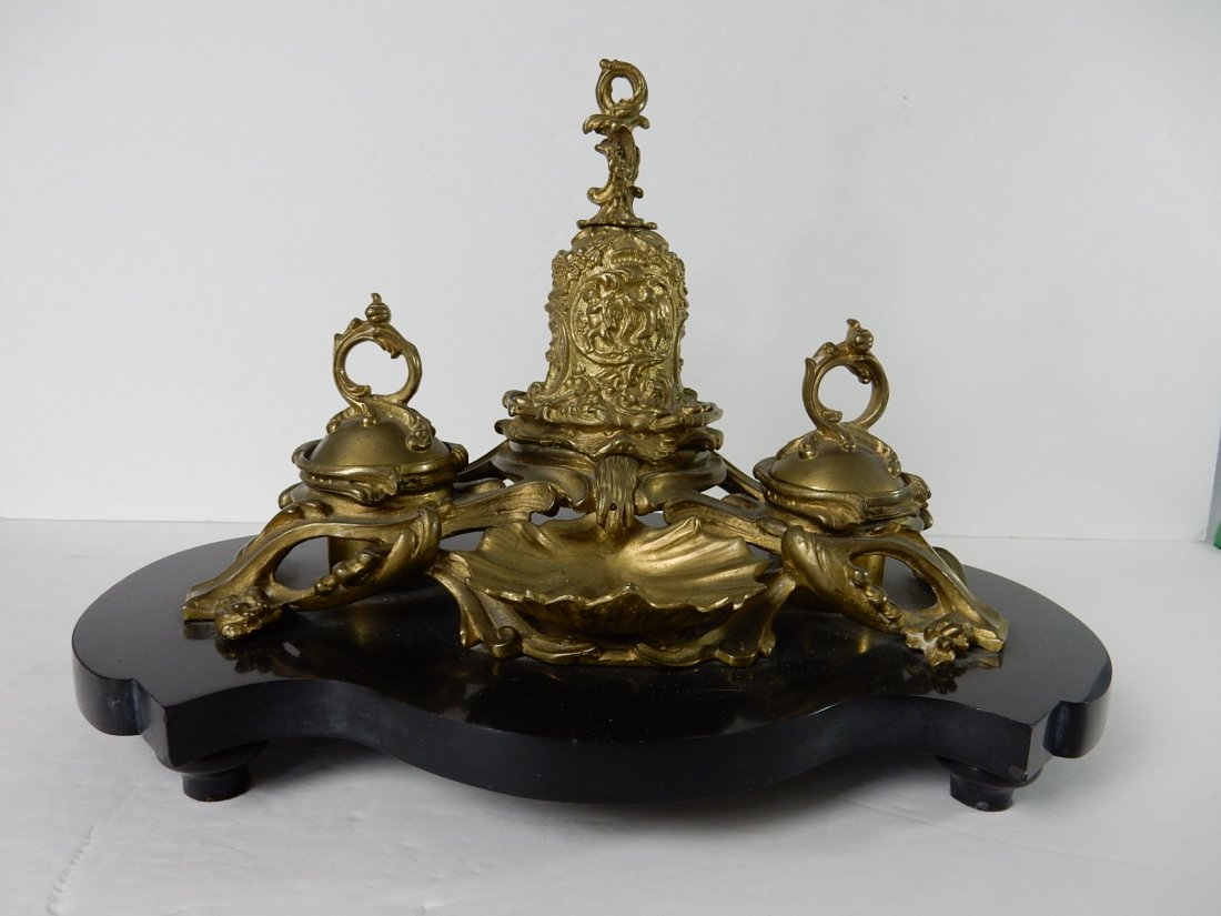 Antique Bronze Footed Inkwell with scalloped shell tray (1 of 4)