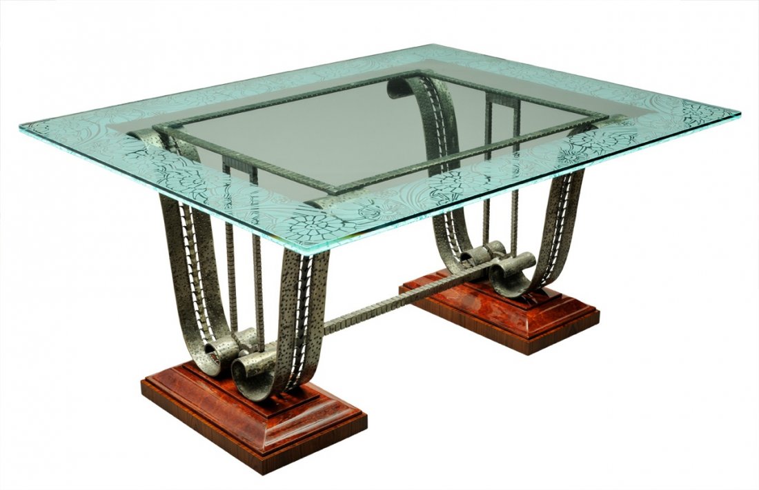 1 Wrought iron dining table FFTASM 7A DPG: Wrought iron dining table FFTASM 7A DPG Top in engraved glass - Base veneered in Burl Amboyna and Macassar Ebony - Base in wrought iron- Finish antic silver - Bright varnish L65 XW51,2 XH30,4 inch Ori