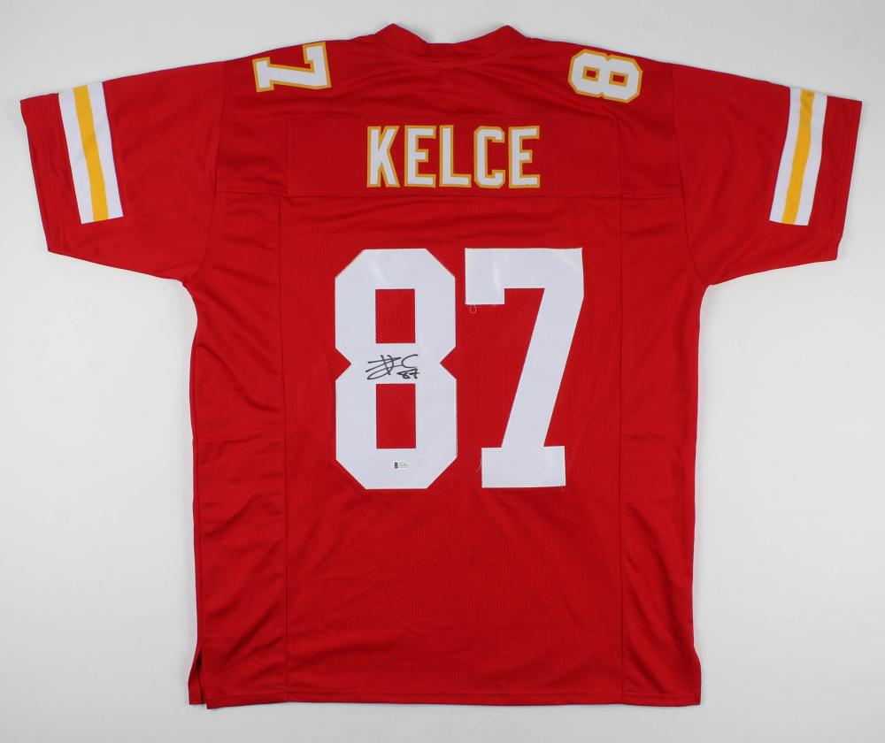 Travis Kelce hand signed jersey: Custom on-field style jersey. Everything is sewn on, size XL. Hand-signed by Travis Kelce.
