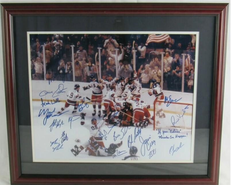 1980 USA Hockey Team Signed Framed 16x20 Photo All 20: Featured here is a beautifully framed picture of the 1980 USA Hockey Team Signed Framed 16x20 Photo All 20 Players Eruzione Craig Morrow JSA