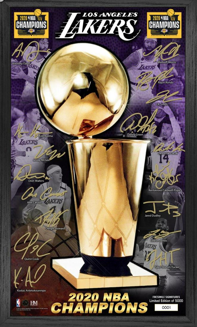 2020 NBA Finals Champions Los Angeles Lakers Signature: The coveted Larry OBrien Championship Trophy is featured on a 10 x 18 glossy photo with the facsimile (exact replica) signatures of the 2020 NBA Finals Champions roster and delivered in a 12 x 20 fram