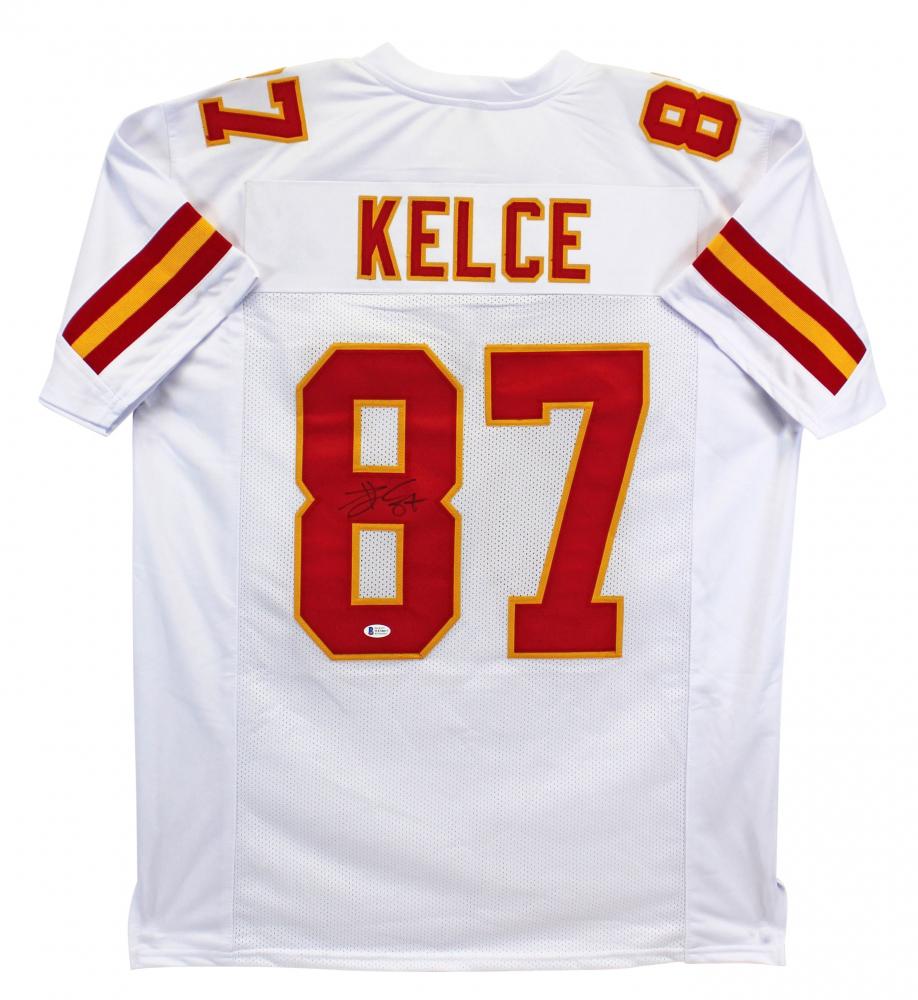Travis Kelce Signed Jersey: Custom on-field style jersey. Everything is sewn on, size XL. Hand-signed by Travis Kelce.The lot / autograph(s) includes an official Beckett Authentication Services serially-numbered hologram and mat
