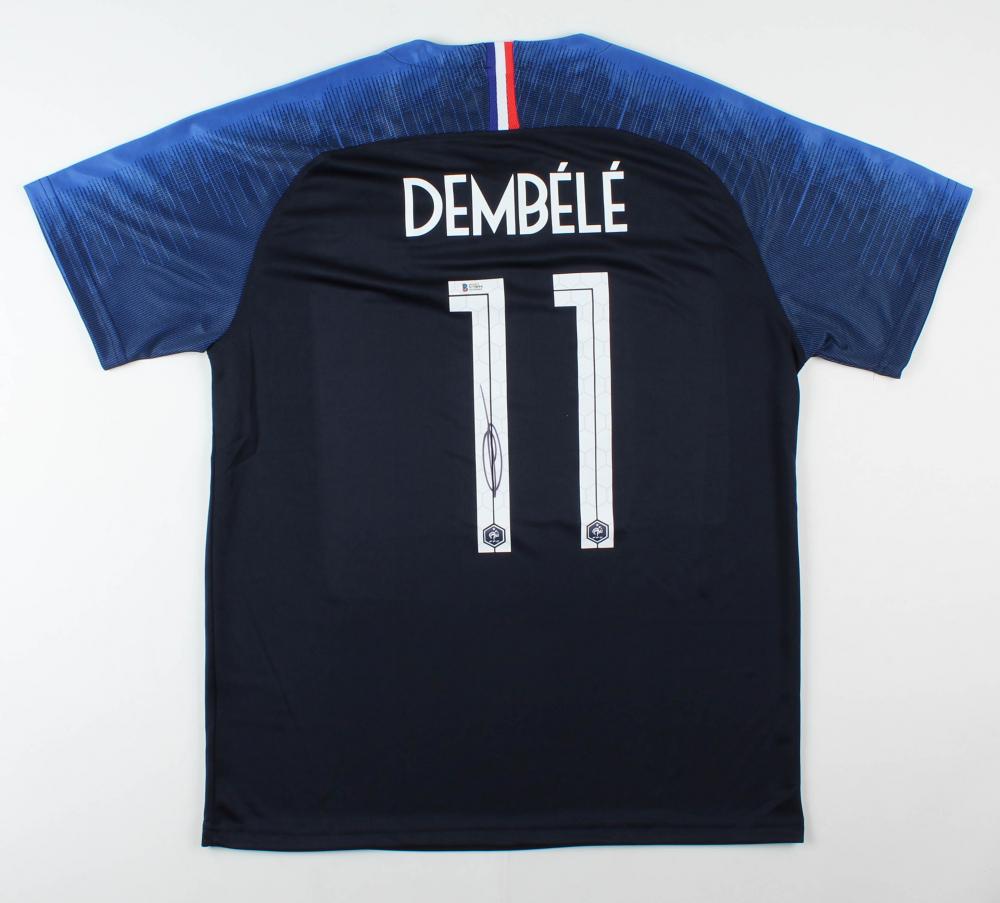 Ousmane Dembele Signed Team France Jersey (Beckett COA): Nike on-field style jersey. Everything is printed on, size XL. Has been hand-signed by Ousmane Dembele.The lot / autograph(s) includes an official Beckett Authentication Services serially-numbered hol