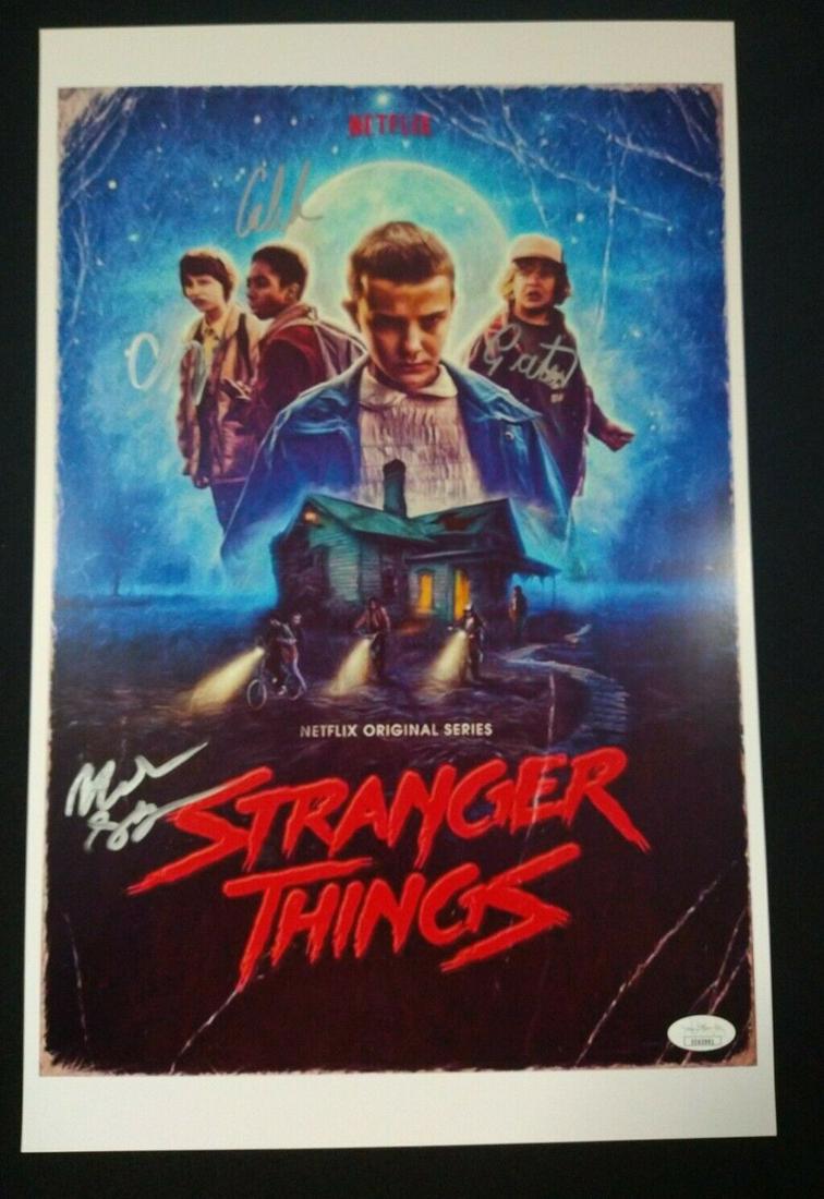 Stranger Things 11x17 Poster signed by (4) JSA: Stranger Things 11x17 Poster signed JSA Authenticated . Condition is New. Signed by Finn Wolfhard,Gaten Matarazzo, Caleb McLaughlin, Noah Schnapp.JSA Authentication Number may vary.