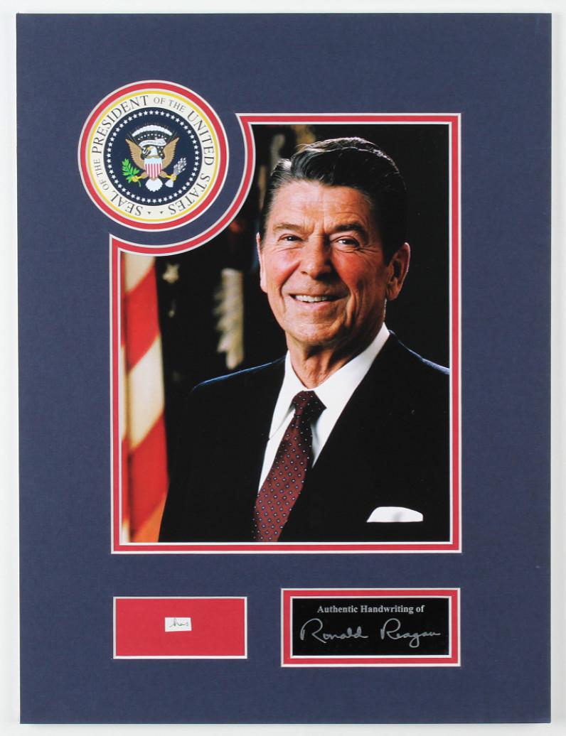 Ronald Reagan 12x16 Custom Matted Cut Display with (1): 40th President of the United StatesCustom matted cut display measures approximately 12" x 16" in size and features a cut from a letter penned by the hand of Ronald Reagan (D. 2004). Please note, you w