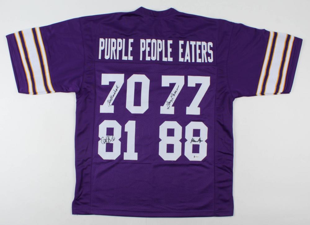 "Purple People Eaters" Jersey Signed by (4) with Alan: Custom on-field style jersey. Everything is sewn on, size XL. Has been hand-signed by Alan Page (HOF), Carl Eller (HOF), Jim Marshall, and Gary Larsen.The lot / autograph(s) includes an official Becke