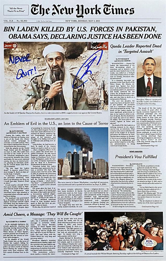 U.S. Navy Seal Robert J. O'Neill signed NY TIMES Paper: Photo measures 11" x 17" in size and has been hand-signed and inscribed by Navy Seal Team 6 Leader, Robert O'Neill. Robert J. O'Neill fired the shots that killed Osama Bin Laden on May 2, 2011, during